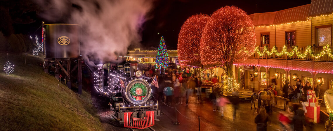 Main Street and locomotive No. 12, Tweetsie, decorated with Christmas Lights for Tweetsie Christmas